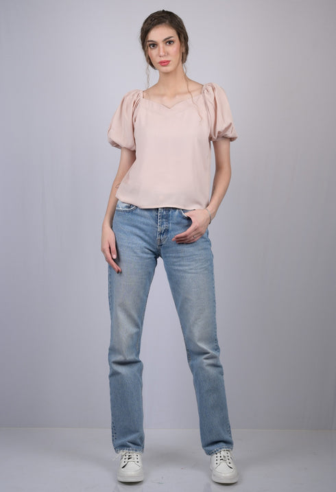 Peach V-Neck With Puff Sleeve Top (OTL-TPS1025)